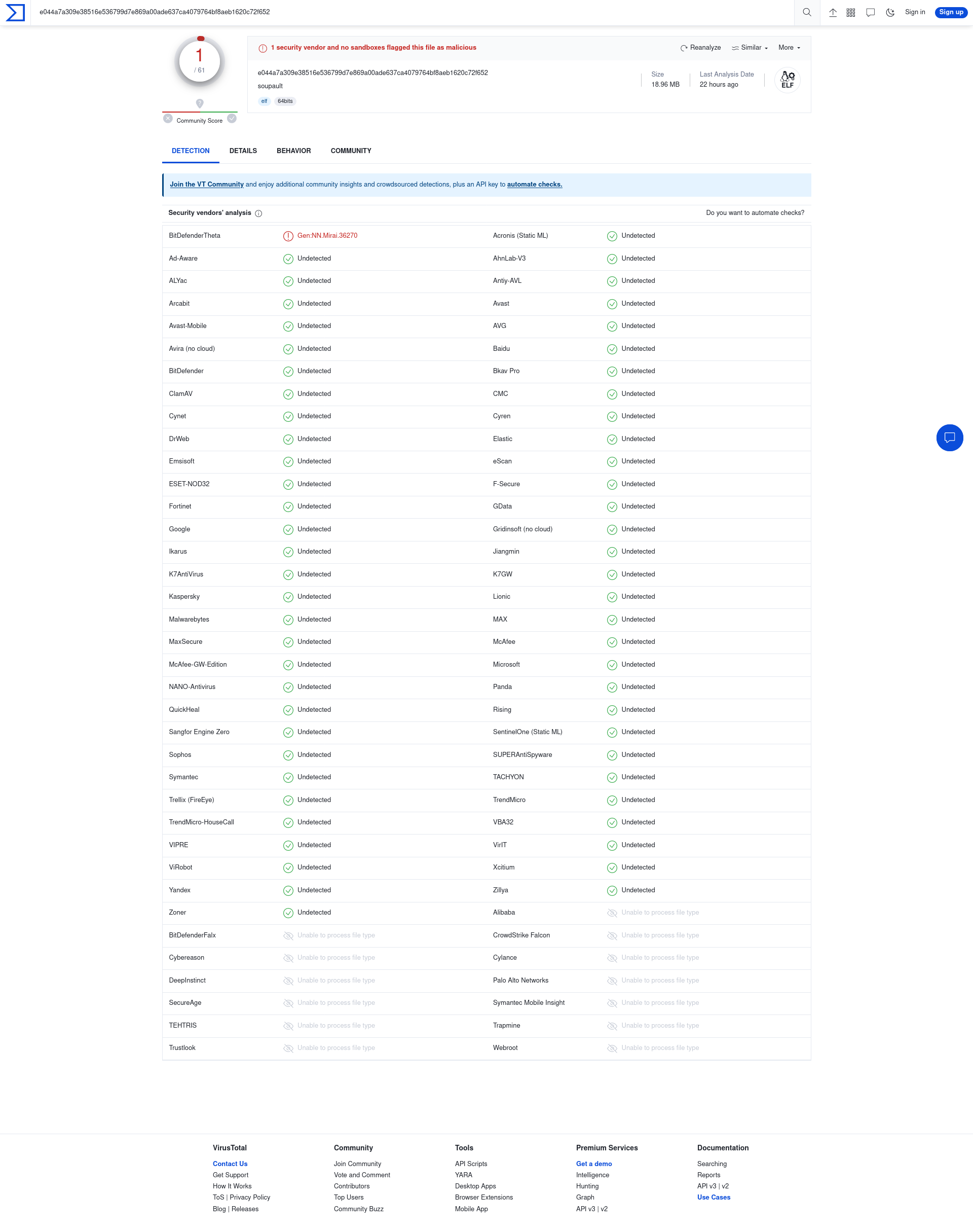 Screenshot of VirusTotal.com with soupault 4.6.0 shown as infected with Mirai according to BitDefender Theta